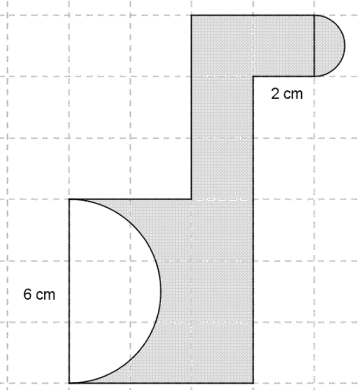 Området består av en halvsirkel med diameter 2 cm, to (like) rektangler med sider 2 cm og 4 cm, samt en del av et kvadrat med sidelengde på 6 cm. Den delen av kvadratet som ikke er med er en halvsirkel der diameteren er lik sidelengden i kvadratet.